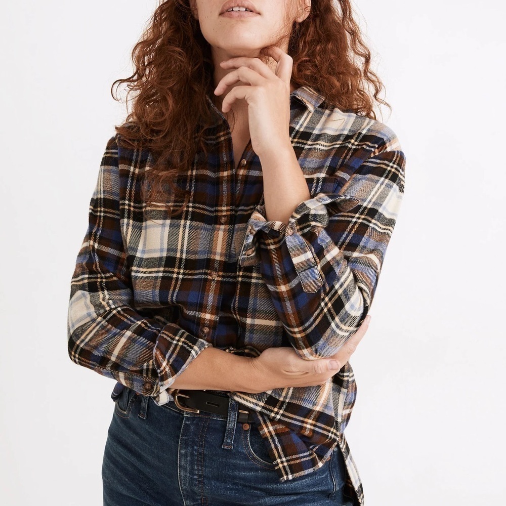 Madewell Flannel Oversized Ex-Boyfriend Shirt in Fuller Plaid Blue Tartan